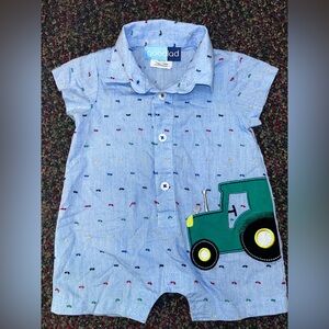 Good Lad Blue Baby Romper with Tractor Design